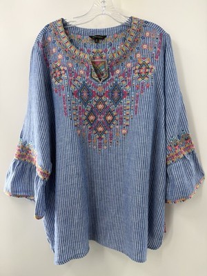 John Mark Women s 3/4 Sleeve Embroidered Tunic Floral Size 1X Boho Artsy