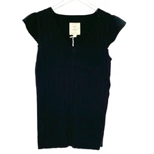 Hope & Henry L NEW Women Flutter Sleeve Sweater Top Black Pointelle