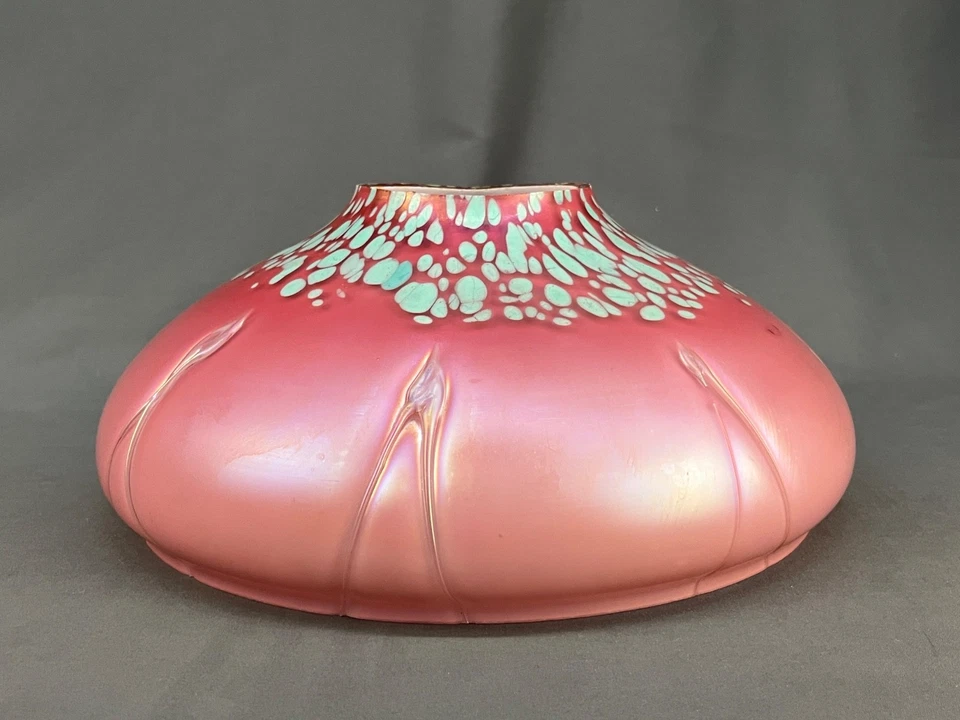 Antique Bohemian Cranberry Iridescent Dots/Threads Blown Glass 11 3/4" Fit Shade - Image 3 of 4