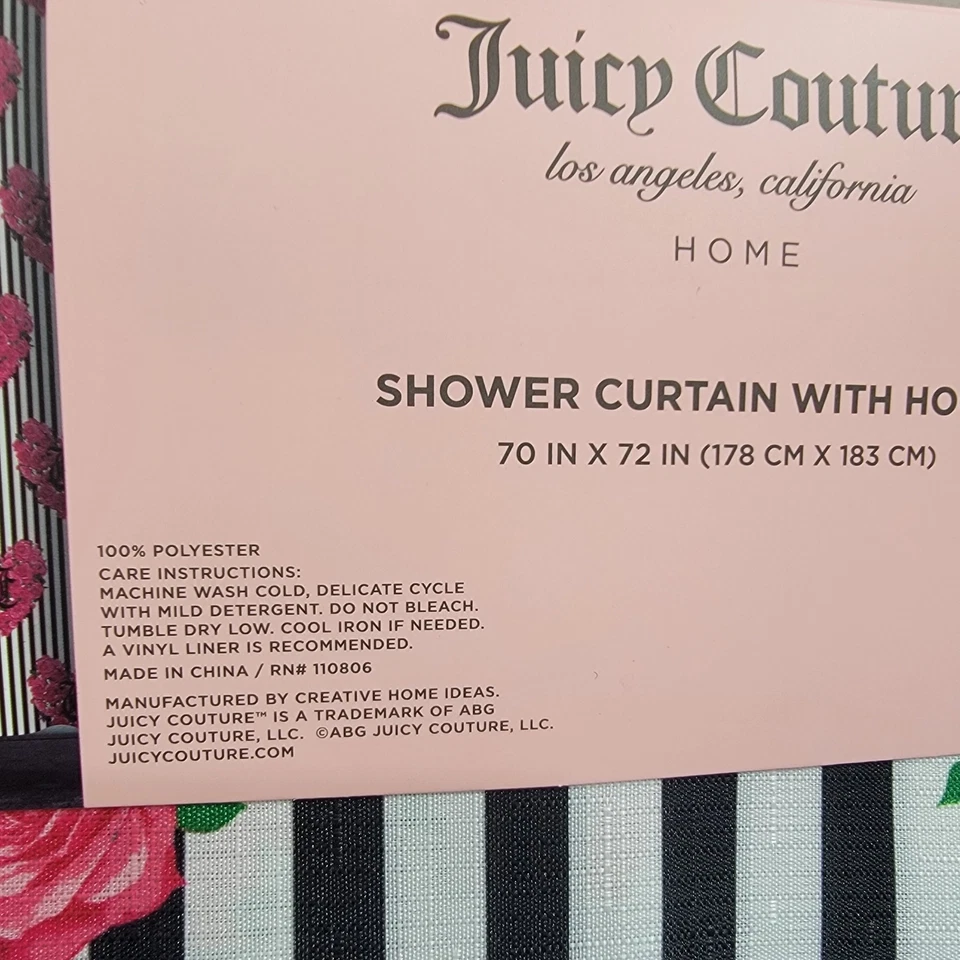 JUICY COUTURE Fabric SHOWER CURTAIN Wit HOOKS 70x72 Heart Florals Black Striped - Image 3 of 4