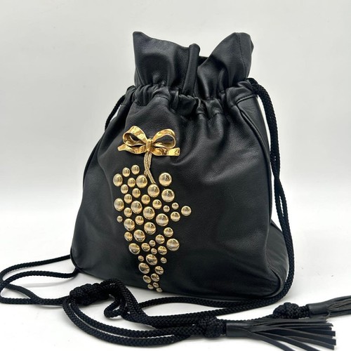 Yves Saint Laurent Vintage Leather Shoulder Bag Grape Bow Gold Hardware Black