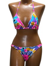 Vtg 70s MOD Swimsuit Bikini Hot NEON Flower Power Fully Lined Nylon Bathing Suit