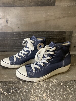 Converse All Star Canvas Wedge Sneakers Womens 6 Blue White High Top Lace Up