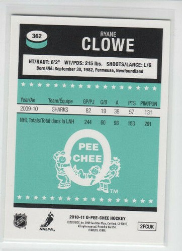 10/11 OPC San Jose Sharks Ryane Clowe Retro Rainbow card #362 - Picture 2 of 2