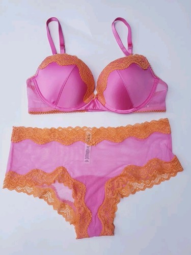 Victoria's Secret Tease Bra Set Size 34C Large Cheeky Panty Orange Pink NEW