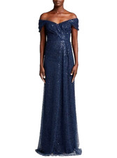 Teri Jon Navy Tulle Beads Sequins Off the Shoulder Formal Gown 12 NEW 780