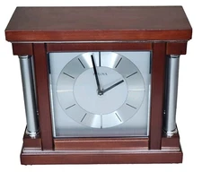 Bulova Ambiance Modeern Mantel Clock - B7651 WINE BRUSHED SILVER - METAL COLUMNS