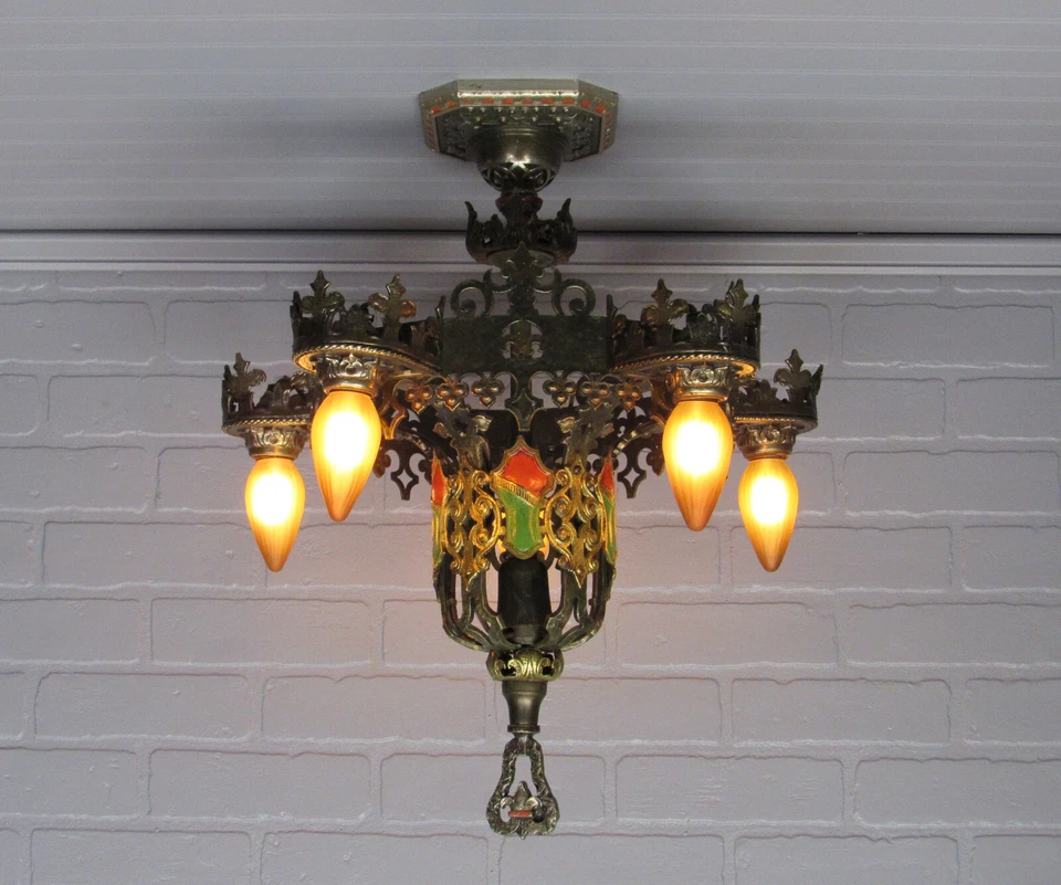 Antigua araña artesanal de 1920 21 1/2" de largo cableada original Acabado Foto 3 de 4