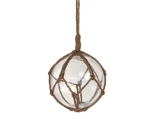 Clear Japanese Glass Ball Fishing Float With Brown Netting Decoration 6"