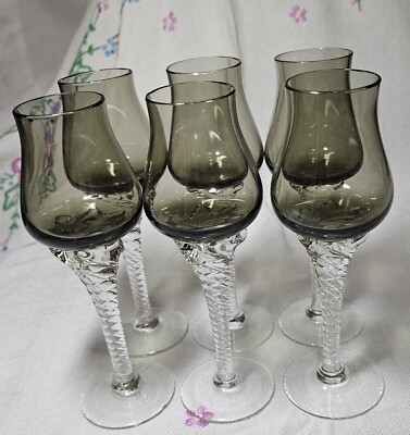 Seltene Vintage Bohemia Rauchkristall Gläser mit gedrehtem klarem Griff 5er Set