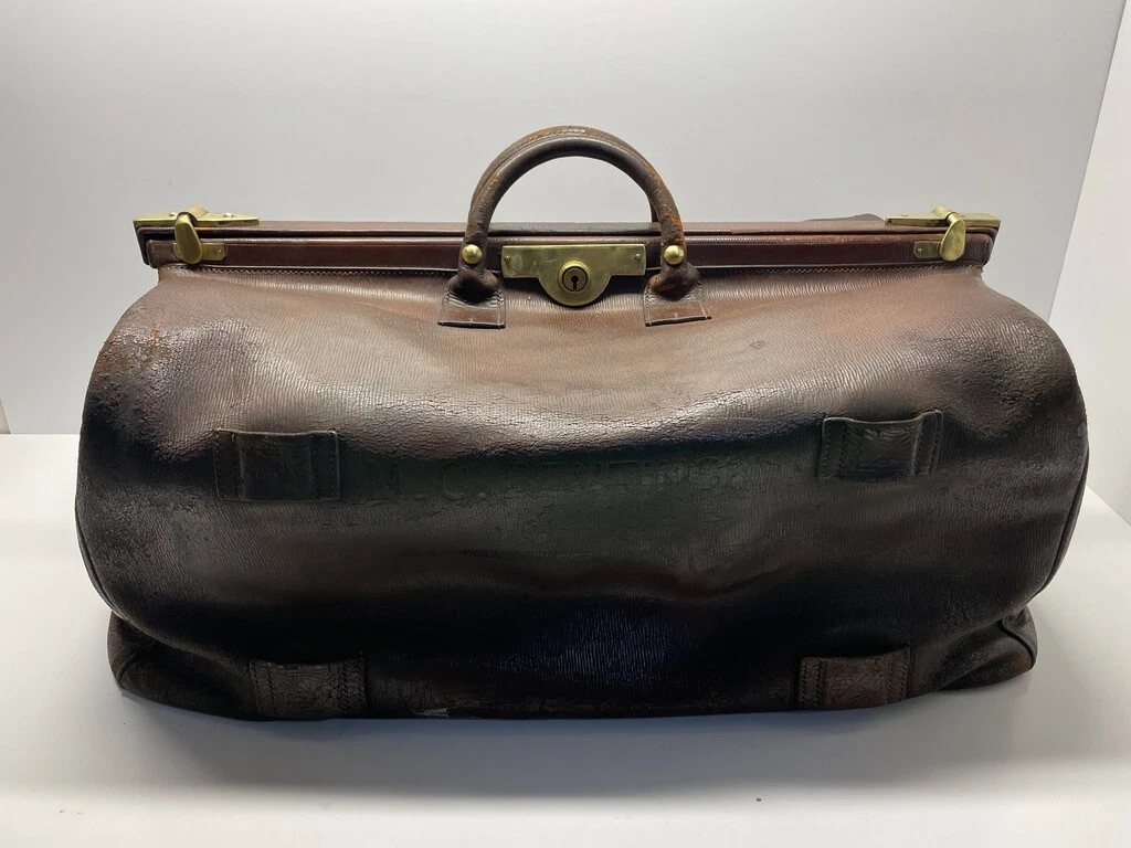Army Navy Vintage Gladstone Bag Carry Case Leather Brown Handles Classic