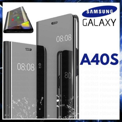FLIP COVER FOR SAMSUNG GALAXY A40S BLACK BOOK CASE MIRROR CLEAR VIEW 360°