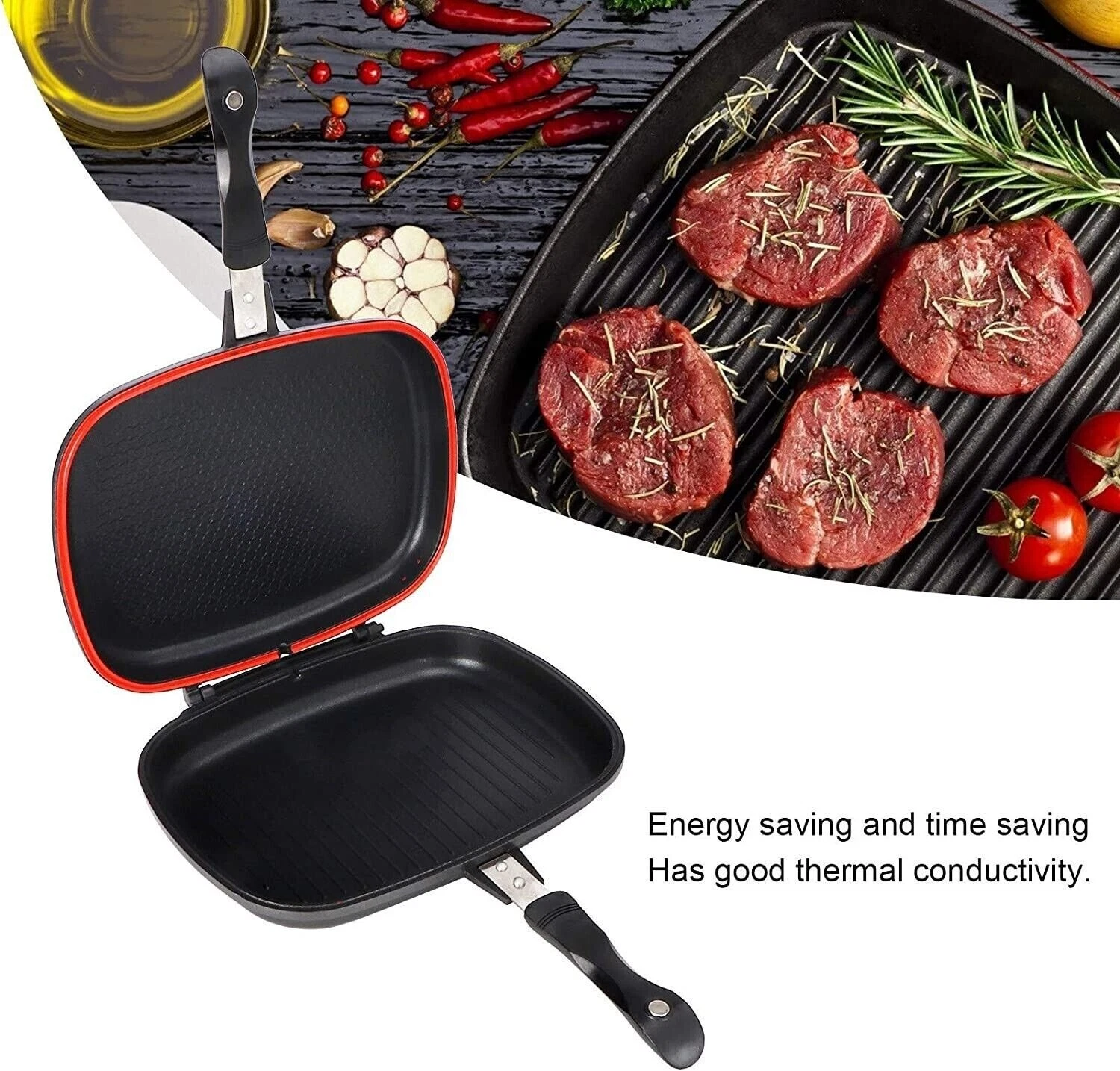 Die-Cast Double Sided Grill Frying Pan Magic Foldable Flipping Griddle Side 32cm