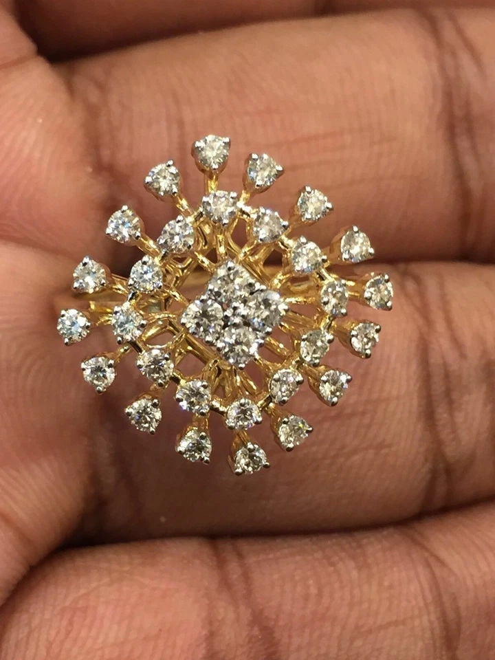 0,98 Cts Ronde Brillante Naturel Diamants Fiançailles Cluster Bague 18K Or jaune - Photo 2/4