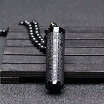 Buddhist Scripture Necklace Pendant Amulet Jade Jewelry Natural Obsidian