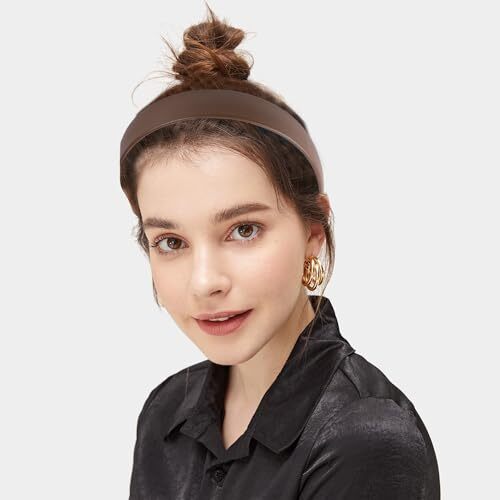 WantGor 1 Inch PU Leather Headband, Wide Padded Hairband Fashion Hair Brown - Bild 2 von 7