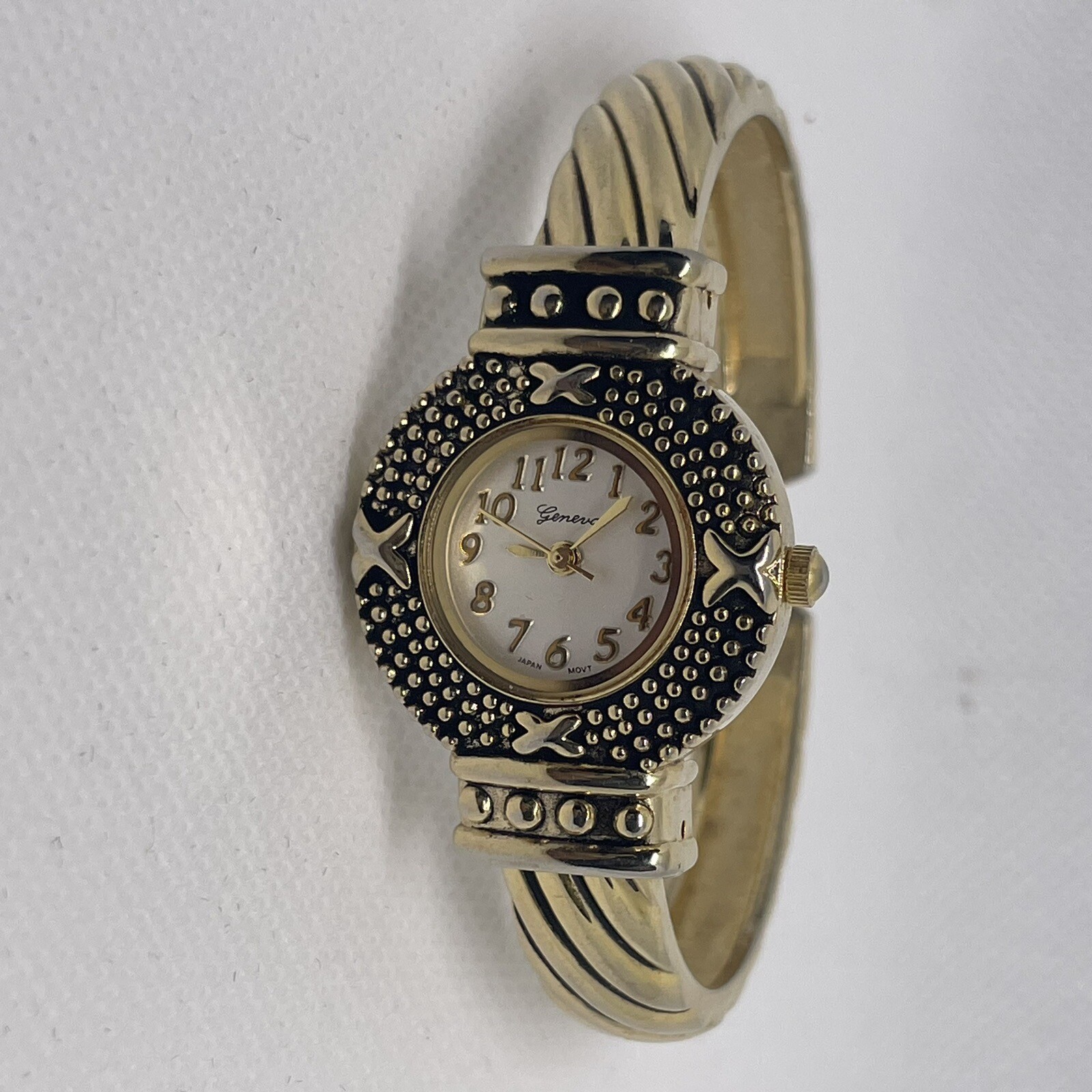 Geneva Women Watch Gold Tone Black Stainless Steel Back Clamp Bracelet