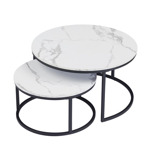 2 en 1 Mesa de Centro 60x60x45 Metal Aspecto Mármol Mesita Café Redonda Negro - Imagen 4 de 11