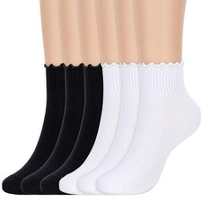 6 Pairs Women's Ruffle Socks Cute Frilly One Size 6 Pairs 3 Black 3 White 