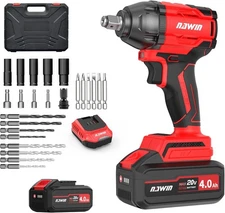 NAWIN Cordless Impact Wrench, 258Ft-lbs & 350Nm Power Medium, Red 