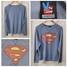 Vintage Junk Food Superman Sweatshirt Men's L Blue Raglan Soft Crewneck Made USA