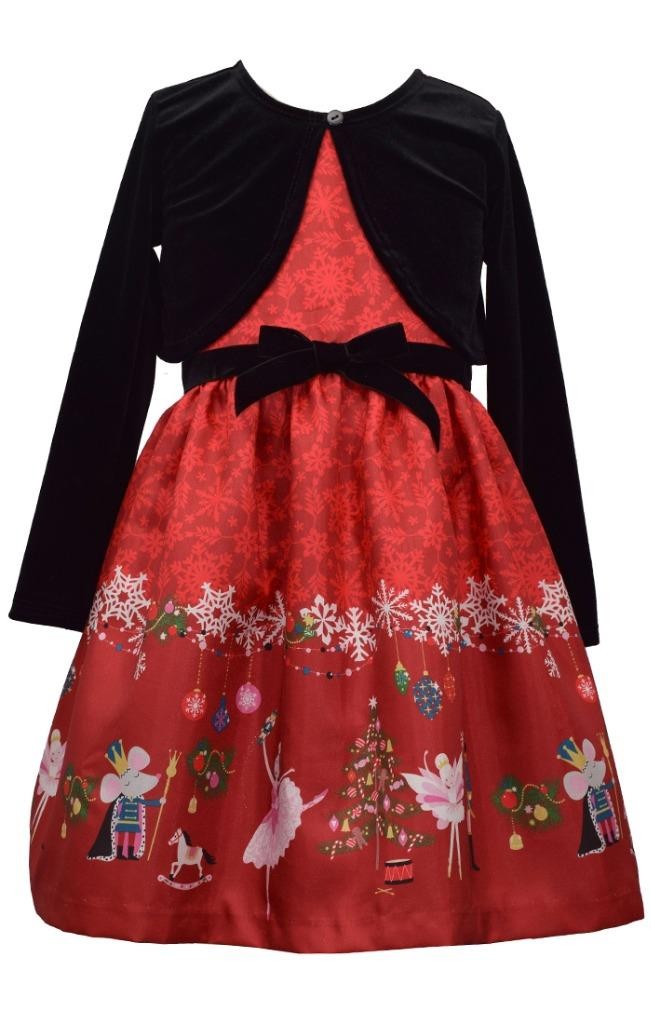 Christmas Nutcracker Ballet Print Shantung Dress and Velvet Cardigan Set