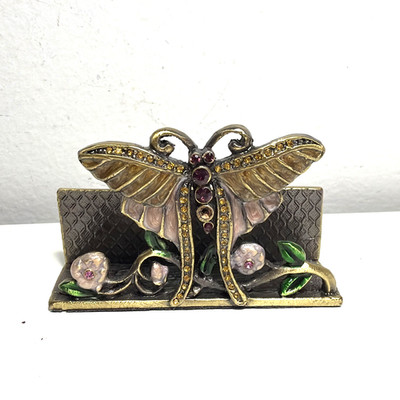 Vintage Metal Enamel Business Card Holder Floral Flowers Butterfly Moth Crystal