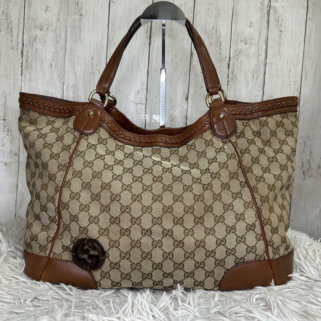 GUCCI GG Canvas Tote Bag with Interlocking Wood Logo for Women C-250814-5