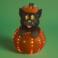 Halloween Decoration, Ceramic Black Cat Jack O Lantern Pumpkin, Light Power Cord