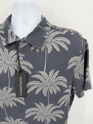 NWT Christian LaCroix Men's Large Stretch Hawaiian Polo Shirt Gray Floral L