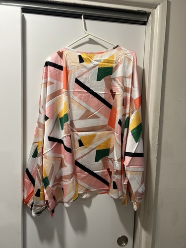 Xpluswear Design Plus Size Casual Pink Geometric Round Neck Lantern Sleeve top - Picture 9 of 16