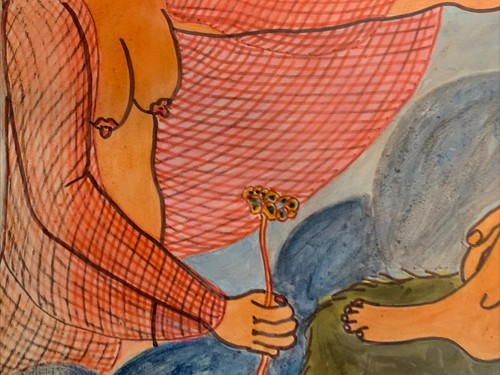 John Coble 1976 Painting On Board Adam And Eve 20x14” Rare Outsider Art - Picture 4 of 7
