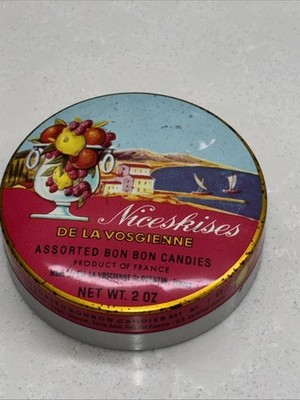Niceskises Assorted Bonbon Candies Tin Made in France Fruit Landscape Vintage