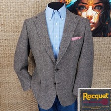 VINTAGE RACQUET Men  s 43R Nailhead Pattern Wool TWEED Sport Coat LEATHER-BUTTONS