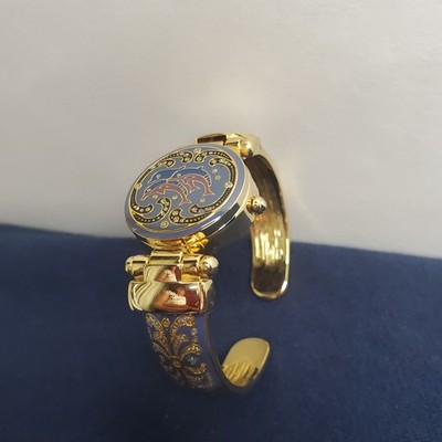 RARE VTG: Beau. Kessaris Goldtone Blue Dolptin Hinged Womens Watch / Quartz Mov.