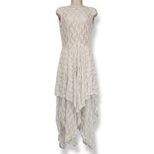 Sleeveless Backless Asymmetrical Lace Long Dress Ivory Sheer Festival Fairy Sz M