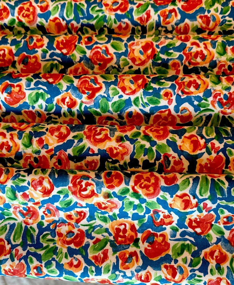 Glorious Vtg Cotton Blend Floral Fabric 56”x5Yds Red &Pink Roses on Green &Blue - Image 3 of 4