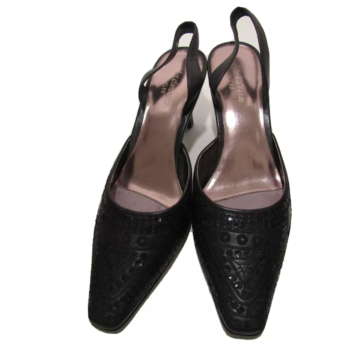Liz Claiborne Womens Flex Sarong Black Sequin Leather Slingback Shoes Size 8.5M