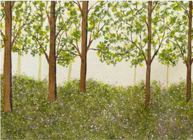 PAINTING WATERCOLOR FOREST TREES WILDFLOWER LANDSCAPE 11X14 AND WHITE MAT 16X20