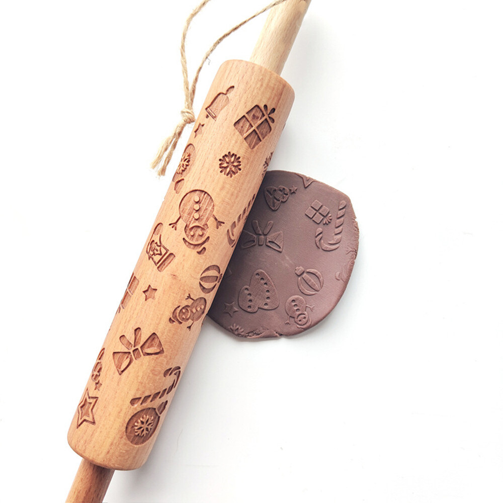Embossed Rolling Pin Cake Fondant Icing Beech Wood Kitchen Baking DIY
