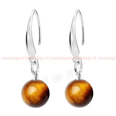 Natural 10mm Yellow Tiger's Eye Round Gemstone Silver Hook Dangle Earrings AAA