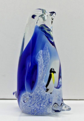 Penguin Art Glass Paperweight 3-D Figurine Cobalt Blue Clear4 Inches