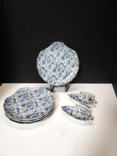 4 Vintage Lefton Blue Paisley Scalloped Shell Snack Plates And  2 Ashtrays