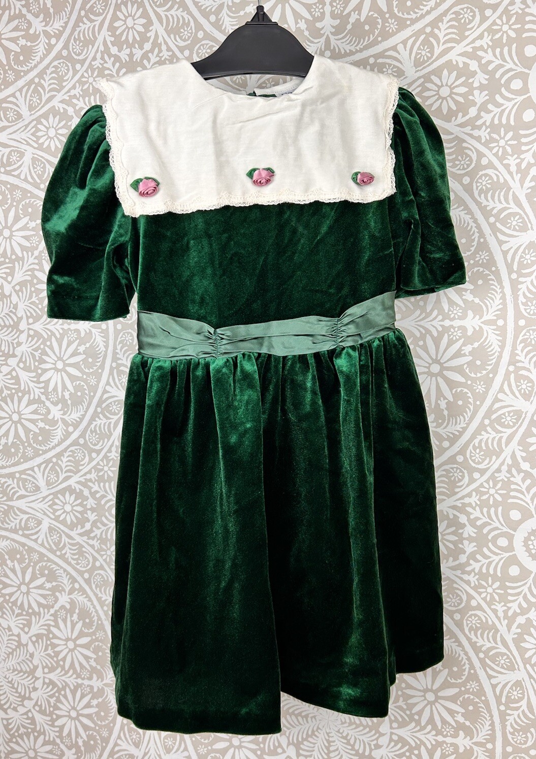 Vintage Green Velvet White Linen Collar Dress Vic… - image 1