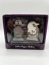 TRANSPAC HALLOWEEN SALT & PEPPER SHAKERS Graveyard GHOSTS W/TRAY NEW