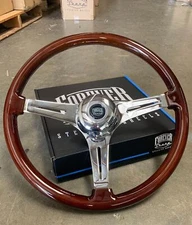 18" Dark Wood Steering Wheel Chrome 3 Spoke For Big Rigs w Horn