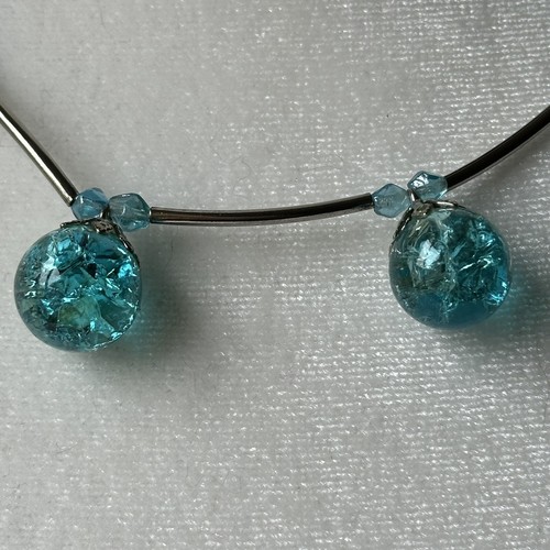 Artisan Crackle Blue Glass Ball Bead Silver Tone Toggle Clasp Necklace 16” - Picture 4 of 7
