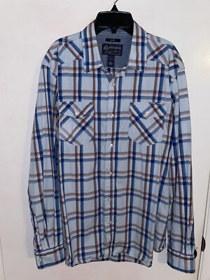 EUC American Rag Men's Size Large Blue Orange Red Plaid Long Sleeve Button Up