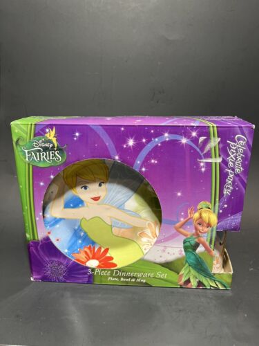 Disney Pixie Fairies Tinkerbell Ceramic 3 Piece Dinnerware Set Plate Cup Bowl