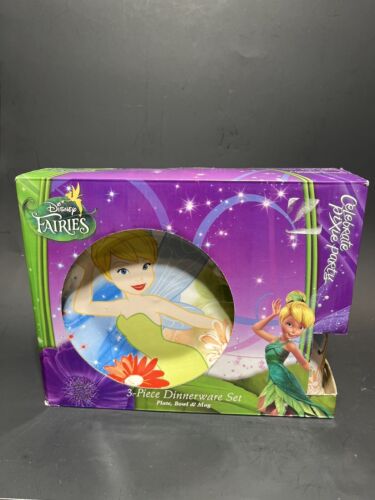 Disney Pixie Fairies Tinkerbell Ceramic 3 Piece Dinnerware Set Plate Cup Bowl - Afbeelding 1 van 19